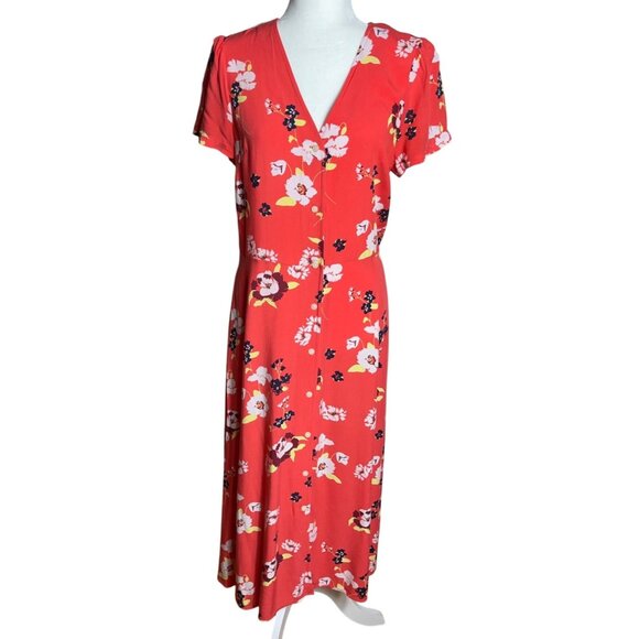 Gap Midi Dress A-line Coral Bold Tropical Floral Button Up Rayon Shift Womens M - Picture 1 of 10